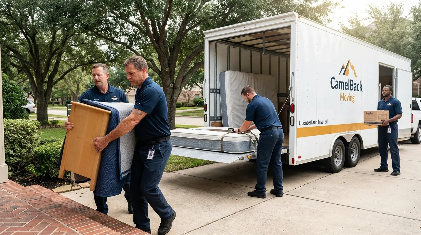 Crew loading residential truck for cross-state move from Shelby, NC
