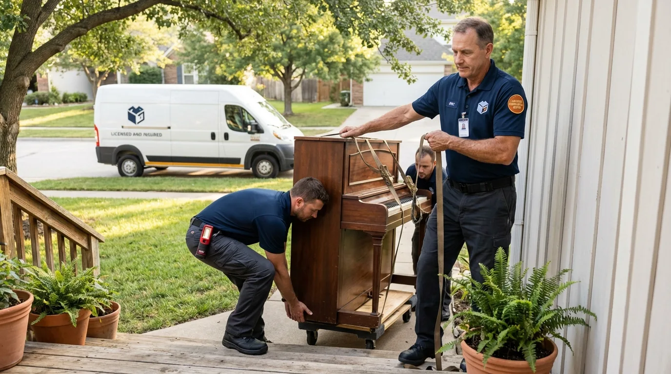 Licensed piano movers securing grand piano in Shelby, NC