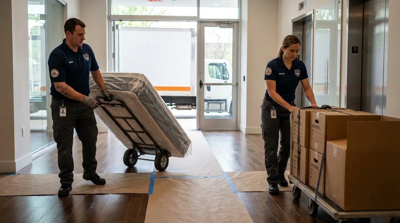 Professional apartment movers loading elevator in Shelby, NC
